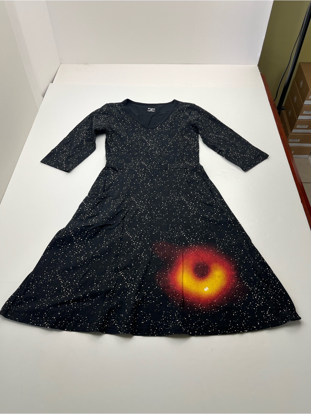 Svaha Black Hole Space Print Fit-and-Flare Dress‎ Size XS Organic Cotton FLAWED